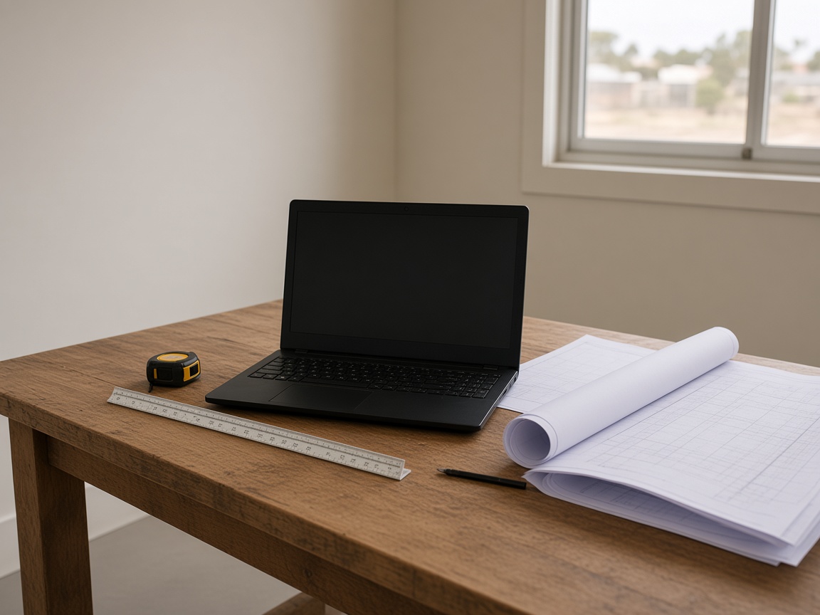 Laptop, tape measure and building plans on an office desk
