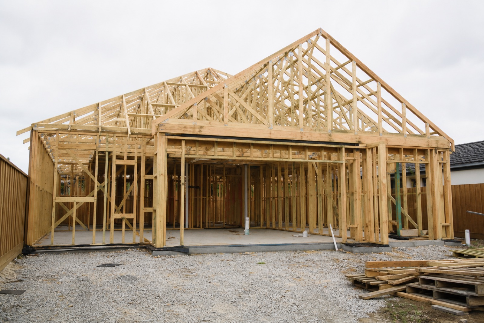 A timber-framed house mid-build