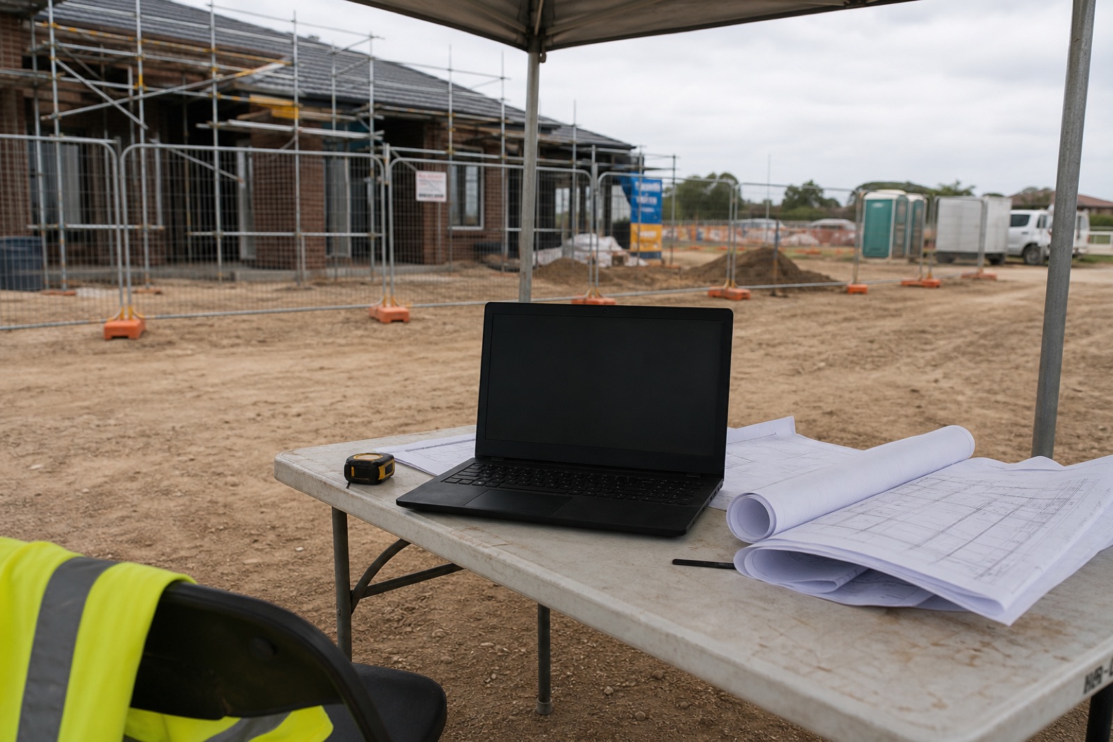 A site table with drawings and a laptop