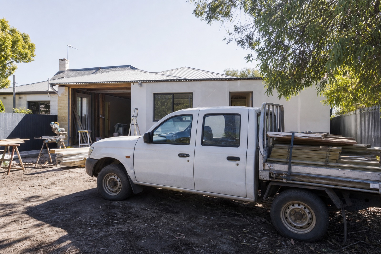 A builder's ute beside a small suburban job